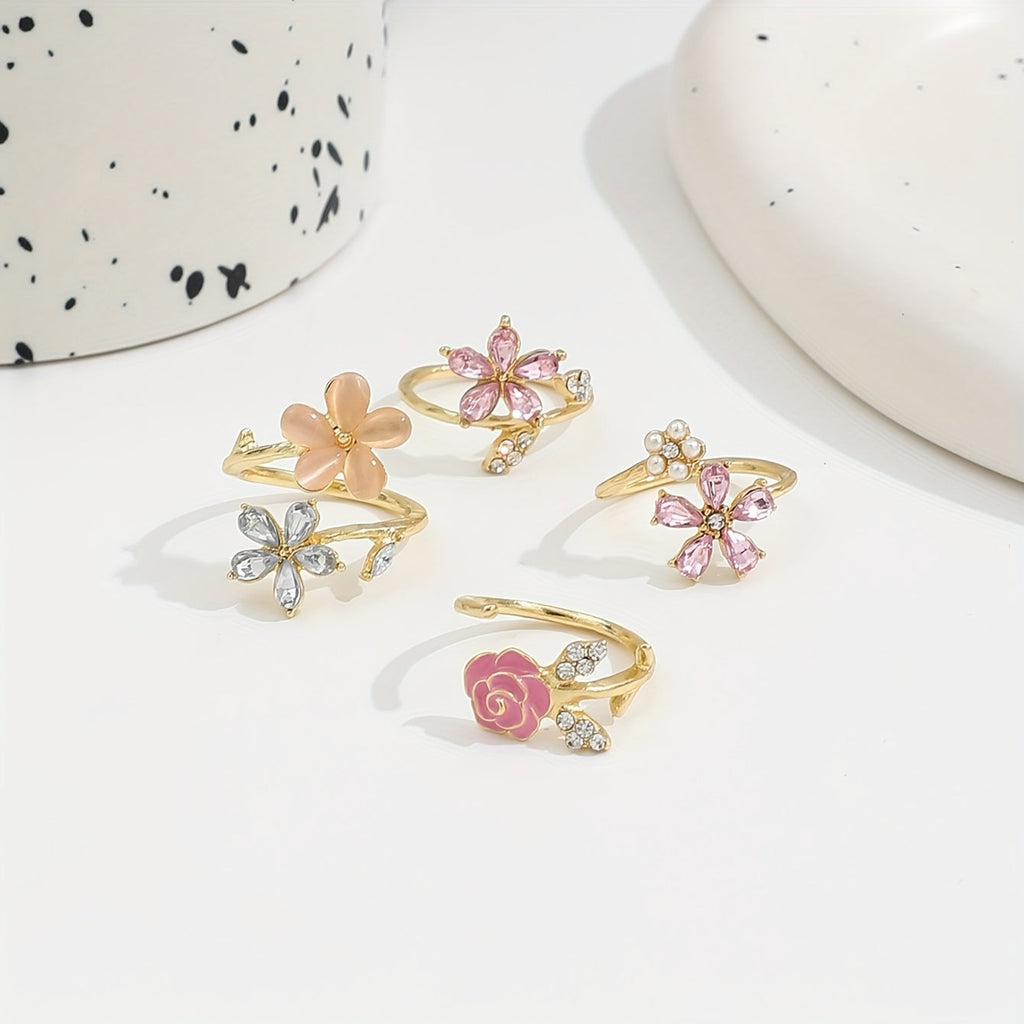 4pcs Set of Alloy Rhinestone Imitation Pearl Oil Painting Stacked Ring Set. Fashionable, Elegant And Sexy Flower Pink Series Rhinestone Imitation Pearl Sexy Flower Wedding Season Ring Set AB Market