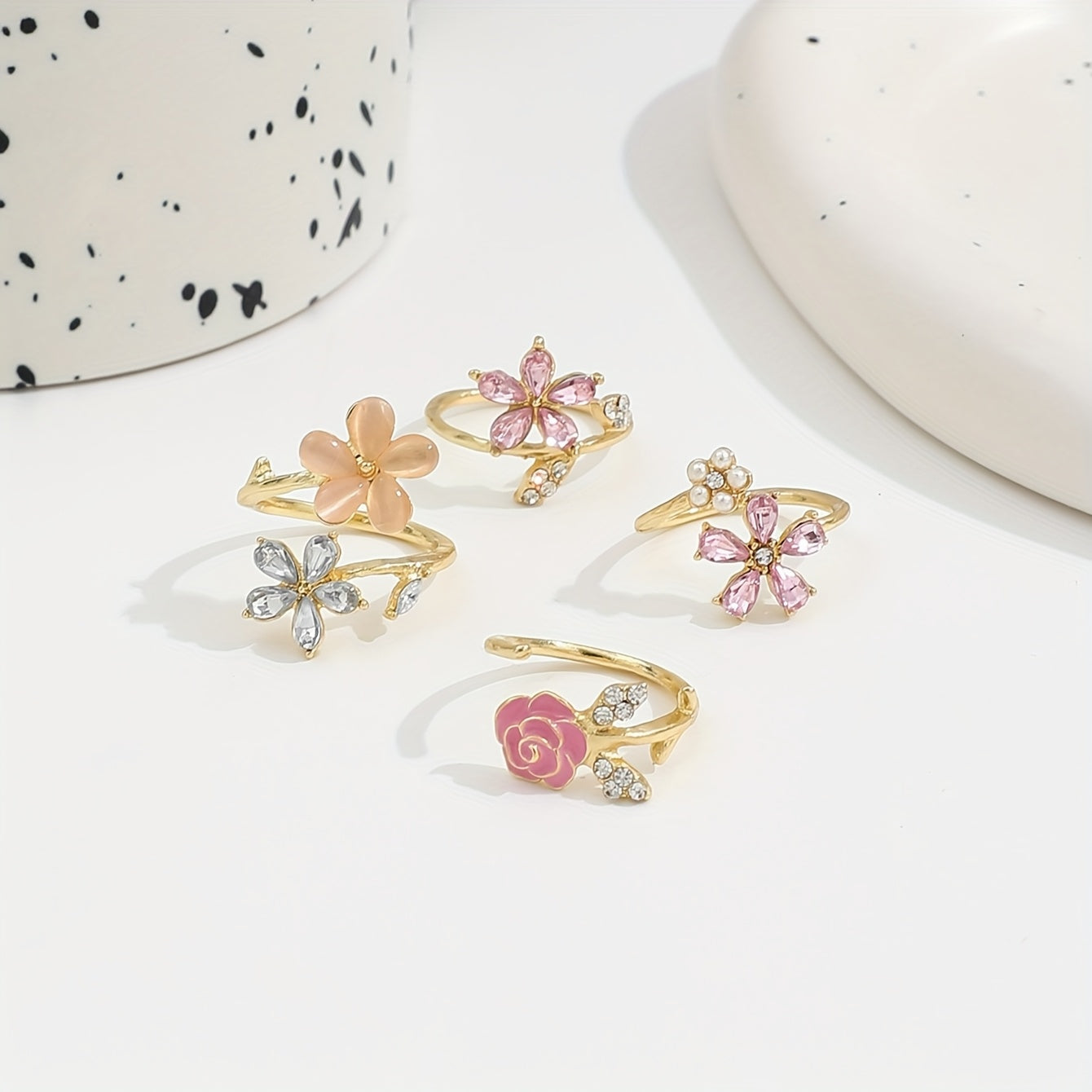 4pcs Set of Alloy Rhinestone Imitation Pearl Oil Painting Stacked Ring Set. Fashionable, Elegant And Sexy Flower Pink Series Rhinestone Imitation Pearl Sexy Flower Wedding Season Ring Set AB Market
