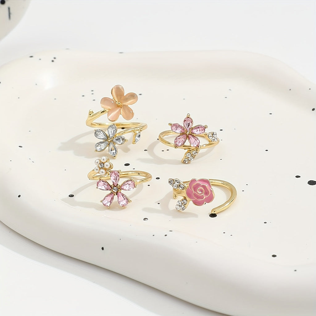 4pcs Set of Alloy Rhinestone Imitation Pearl Oil Painting Stacked Ring Set. Fashionable, Elegant And Sexy Flower Pink Series Rhinestone Imitation Pearl Sexy Flower Wedding Season Ring Set AB Market