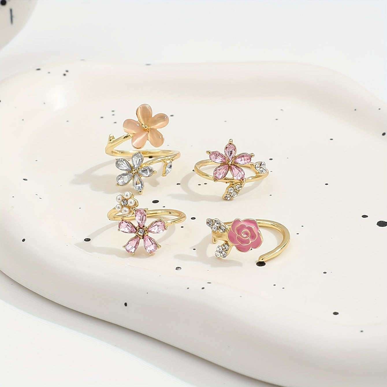 4pcs Set of Alloy Rhinestone Imitation Pearl Oil Painting Stacked Ring Set. Fashionable, Elegant And Sexy Flower Pink Series Rhinestone Imitation Pearl Sexy Flower Wedding Season Ring Set AB Market