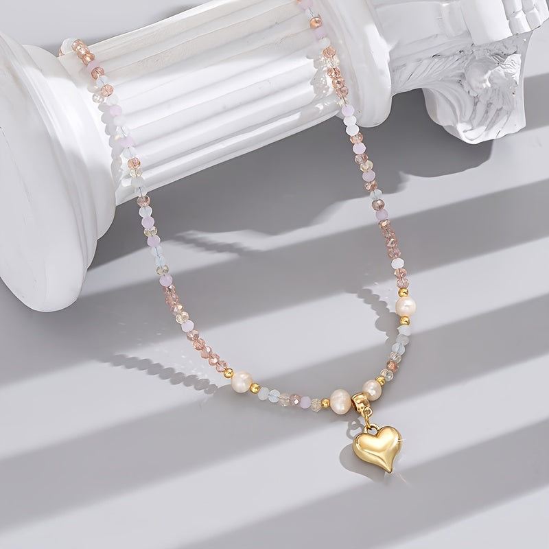 Collier perlé élégant avec cristal artificiel et pendentif Cœur AB Market