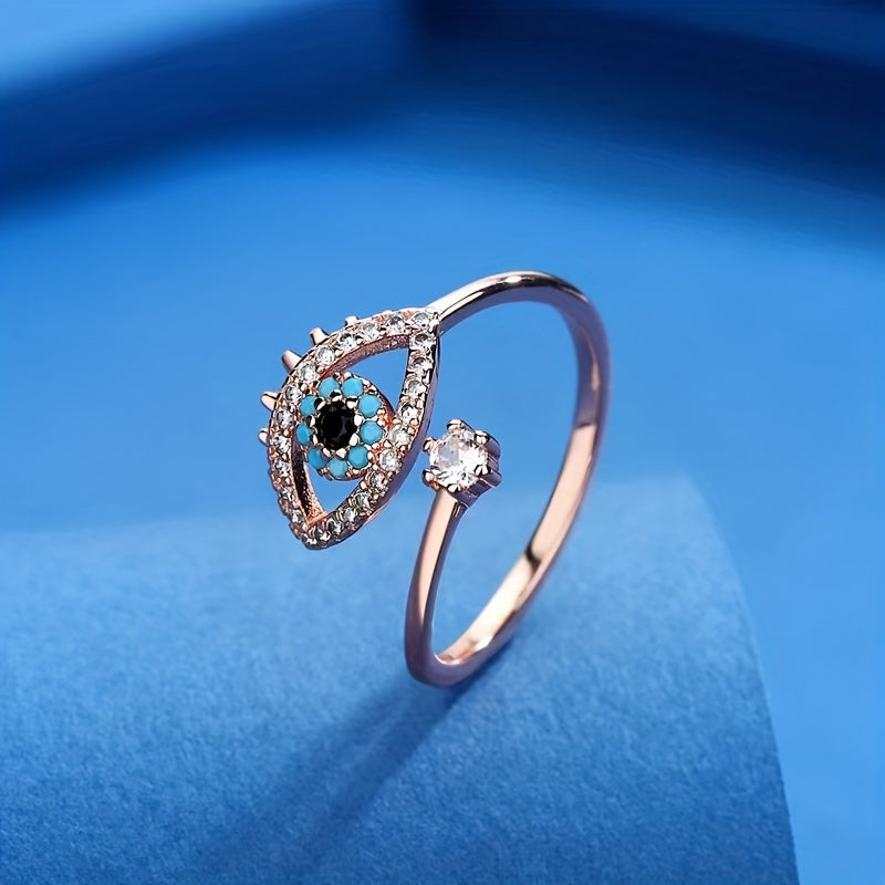 Women's Evil Eye Adjustable Ring - Golden-Tone Copper Open Band with Enamel Detailing, Synthetic Zirconia & Sapphire-Like Stone Protection Jewelry for Daily Wear & Parties, Party Accessory, Vintage Inspired, Elegant Accessory AB Market