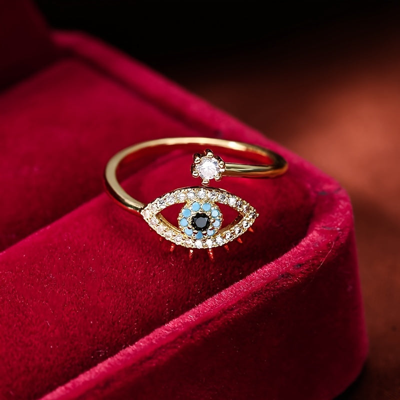 Women's Evil Eye Adjustable Ring - Golden-Tone Copper Open Band with Enamel Detailing, Synthetic Zirconia & Sapphire-Like Stone Protection Jewelry for Daily Wear & Parties, Party Accessory, Vintage Inspired, Elegant Accessory AB Market