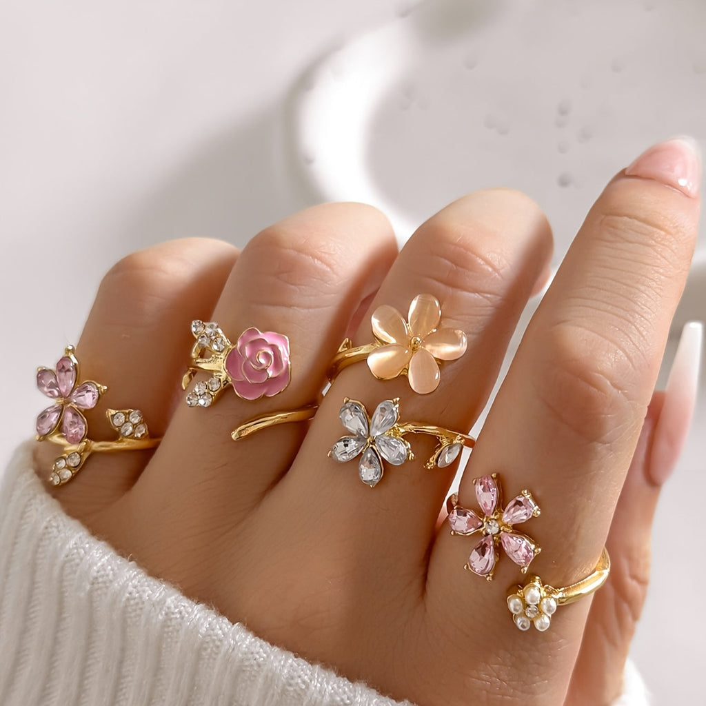 4pcs Set of Alloy Rhinestone Imitation Pearl Oil Painting Stacked Ring Set. Fashionable, Elegant And Sexy Flower Pink Series Rhinestone Imitation Pearl Sexy Flower Wedding Season Ring Set AB Market