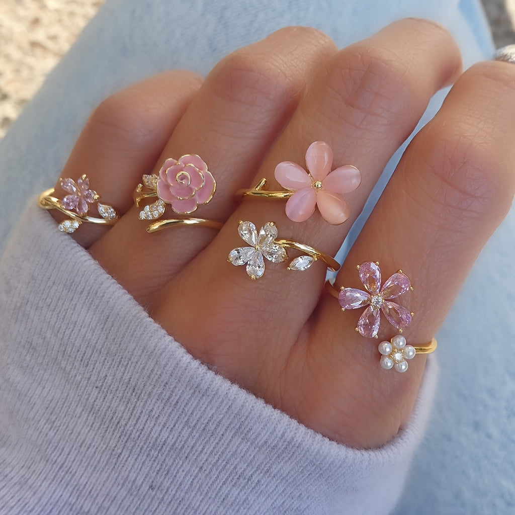 4pcs Set of Alloy Rhinestone Imitation Pearl Oil Painting Stacked Ring Set. Fashionable, Elegant And Sexy Flower Pink Series Rhinestone Imitation Pearl Sexy Flower Wedding Season Ring Set AB Market