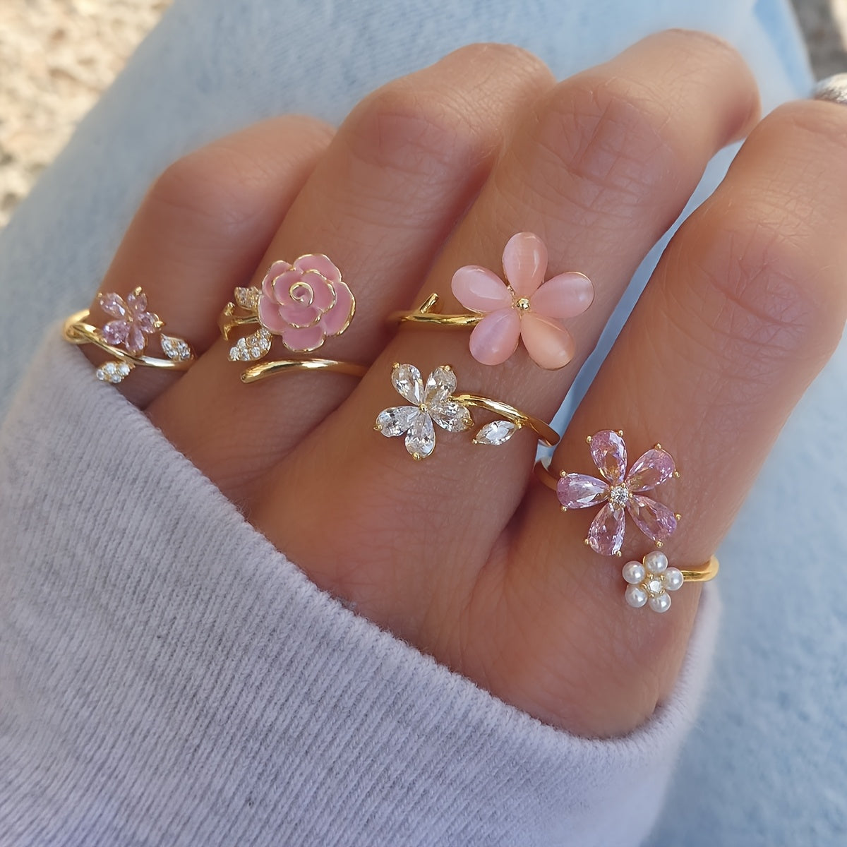 4pcs Set of Alloy Rhinestone Imitation Pearl Oil Painting Stacked Ring Set. Fashionable, Elegant And Sexy Flower Pink Series Rhinestone Imitation Pearl Sexy Flower Wedding Season Ring Set AB Market