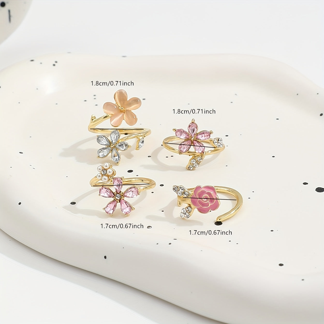 4pcs Set of Alloy Rhinestone Imitation Pearl Oil Painting Stacked Ring Set. Fashionable, Elegant And Sexy Flower Pink Series Rhinestone Imitation Pearl Sexy Flower Wedding Season Ring Set AB Market