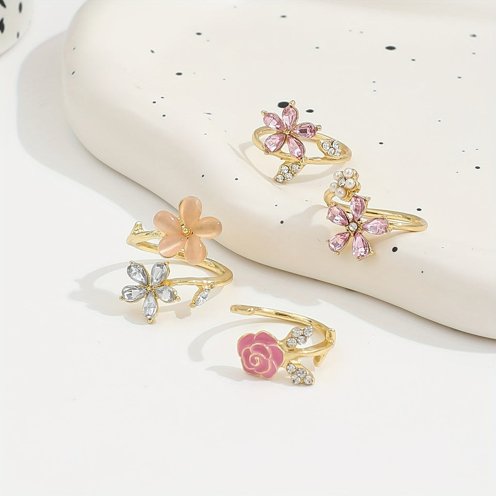 4pcs Set of Alloy Rhinestone Imitation Pearl Oil Painting Stacked Ring Set. Fashionable, Elegant And Sexy Flower Pink Series Rhinestone Imitation Pearl Sexy Flower Wedding Season Ring Set AB Market